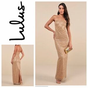 NWT Lulu’s Perfectly Luxurious Tan Pearl Strapless Maxi Dress Sz: XL